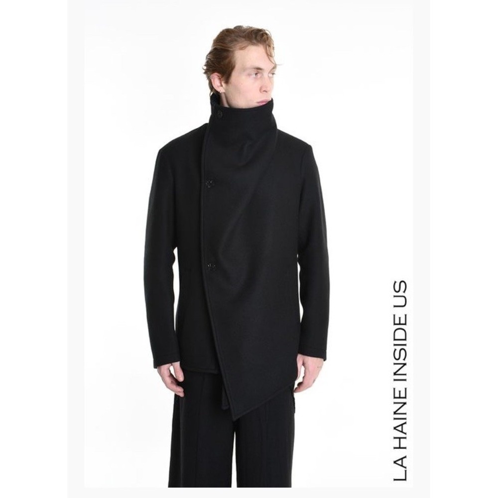 LA HAINE‎ INSIDE US Men's Designer Asymmetrical Draped Wool Black Coat NWT Sz L